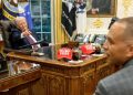 Trump taunts Democrat leaders with ‘Trump 2028’ hats in Oval Office as shutdown approaches